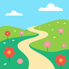 Fototapeta premium Winding path through a sunny meadow with flowers