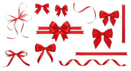A collection of red ribbons and bows isolated on transparent background