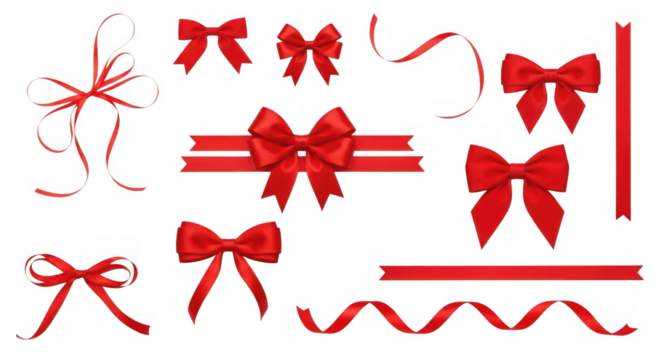 A collection of red ribbons and bows isolated on transparent background