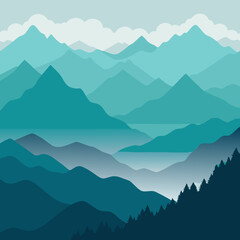 Obraz premium Serene teal mountain landscape with layered peaks and clouds