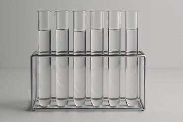 Six Test Tubes with Clear Liquid in Metal Rack – Lab Equipment
