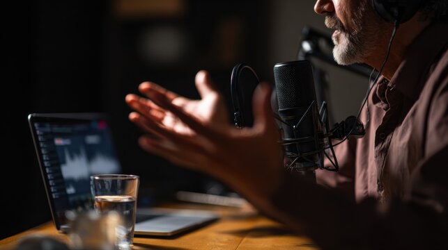 Close-up of a male podcaster speaking passionately into a microphone with expressive hand gestures, recording audio in a dimly lit studio with a laptop, headphones, and glass of water on the desk