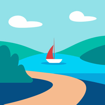 Sailboat on a calm lake with rolling hills and clouds