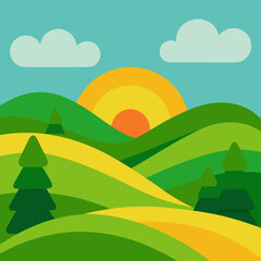 Obraz premium Stylized landscape with rolling hills and sunrise