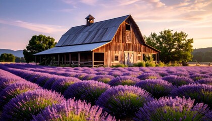 Rustic barn in a lavender field at dawn