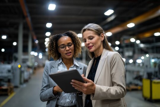 Two professional businesswomen discussing production strategies while reviewing data on a digital tablet inside a large modern industrial factory or manufacturing facility