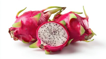 Three dragon fruits, two whole and one cut in half to reveal its white flesh and tiny black seeds, are arranged on a plain background, highlighting their unique appearance.