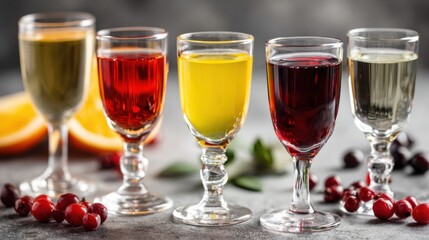 Colorful liqueurs in distinctive glasses are displayed on a table, accompanied by fresh fruit. The ambiance suggests a delightful gathering or tasting event.