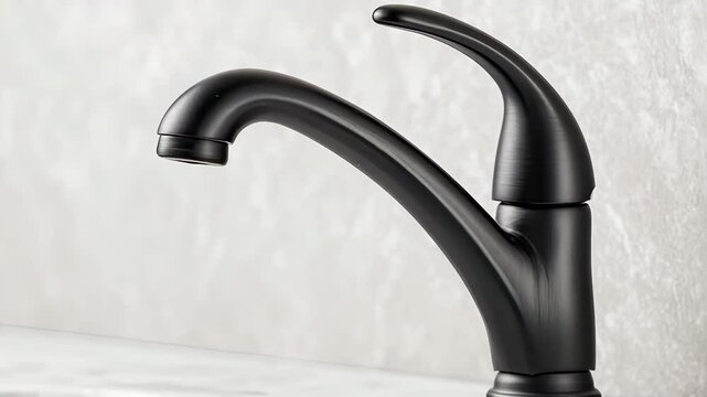 Black metal faucet with curved spout and lever handle marble