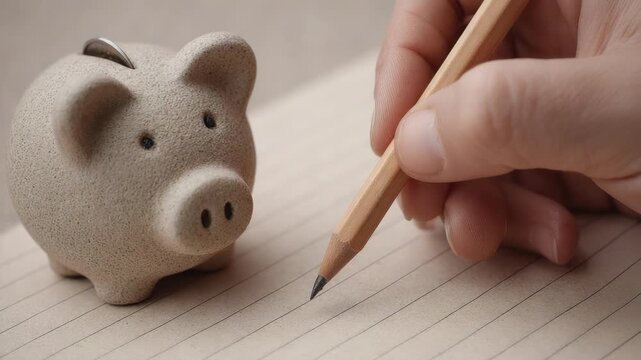 Piggy bank with hand holding pencil lined paper saving money concept