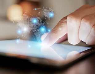 A finger touches a tablet screen displaying a glowing world map with connected network nodes, symbolizing global communication and technology.