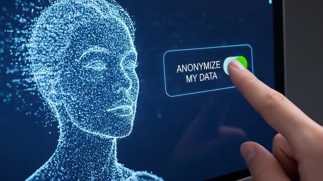 Digital Human Data Privacy: A User Interacts with Anonymization Controls on a Futuristic Screen, Emphasizing Security and Personal Information Management in a Connected World.