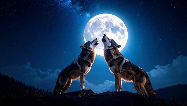 Two wolves howl at a full moon