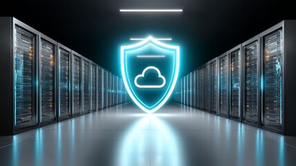 Enhanced server room security, glowing blue shield protecting data center servers