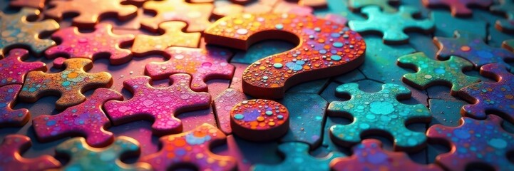 Vibrant jigsaw puzzle piece, large question mark , solution, colorful question mark, graphic