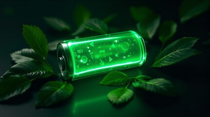 Rechargeable Green Battery Cell with Leaves in Eco Nature Background.