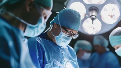 A skilled surgeon in surgical scrubs and latex gloves is performing a precise surgical procedure in a modern and well-lit operating room, surrounded by advanced medical equipment. - Powered by Adobe