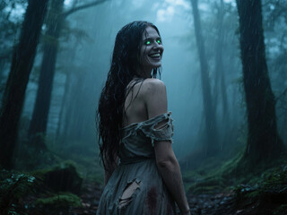 Scary eerie possessed woman with bright eyes in the dark