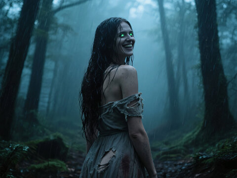 Scary eerie possessed woman with bright eyes in the dark