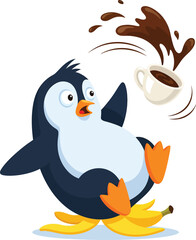 Naklejka premium Penguin Slipping on Banana Peel with Spilt Coffee - Funny Clipart
