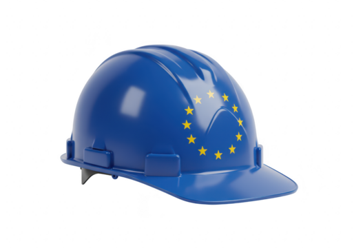 A blue construction hard hat with the european union flag stars emblem isolated on transparent background