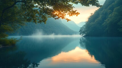 Misty lake sunrise framed by trees