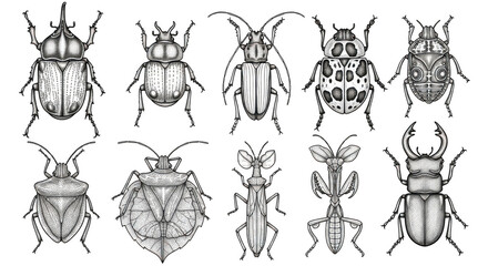 A vintage drawing shows a collection of different beetle species isolated on white isolated on transparent background