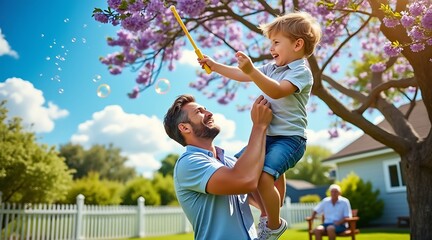 Father lifting happy son blowing bubbles in sunny garden holding child