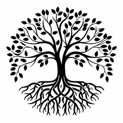 Obraz premium Vector art of a stylized tree of life with intricate roots and branches creating a circular design element