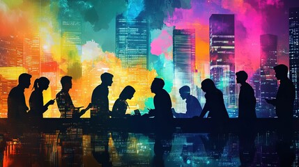 A montage showcasing silhouettes of marketing professionals brainstorming campaigns, designing advertisements, and analyzing brand strategies. The background includes a vibrant cityscape