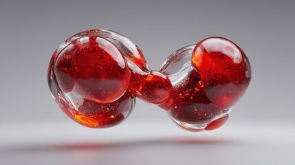 Intertwined glass shapes in vibrant red float against a neutral background, showcasing smooth curves and bubbles.