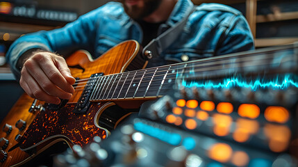 Fototapeta premium Guitarists hand strumming audio mixer present