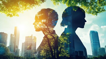 A montage of business professionals as silhouettes, working in harmony with nature-inspired elements like trees, sunlight, and green spaces. The background blends a cityscape with natural landscapes
