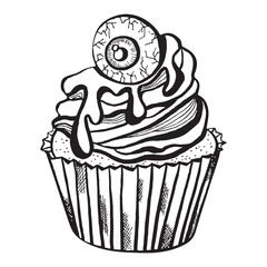 Cute Halloween Cupcake with Eyeball and Frosting. Perfect for spooky party invitations, seasonal prints, kids' Halloween designs, stickers, and festive packaging