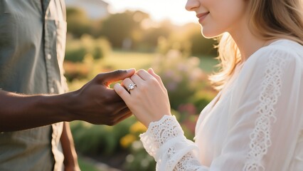 Married couple holding hands with rings at a wedding ceremony, symbol of love