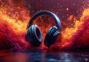 Black Headphones with Vibrant Red and Blue Neon Lights