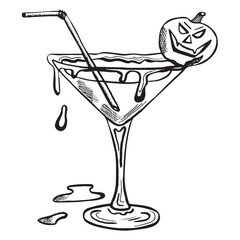 Vector illustration of Halloween drink with pumpkin. Creepy drink with slime flowing down without background.