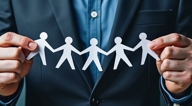 Man holding paper chain people figures in dark suit image