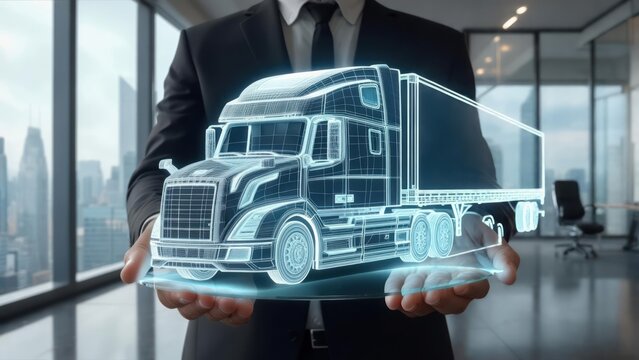 Businessman holding a holographic truck