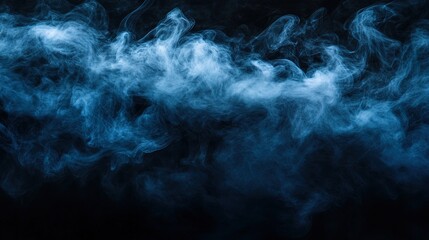 A deep, mysterious puff of midnight blue smoke drifts softly against black background. The fluffy texture and wispy edges are emphasized, with the smoke tapering off to create serene, flowing effect.
