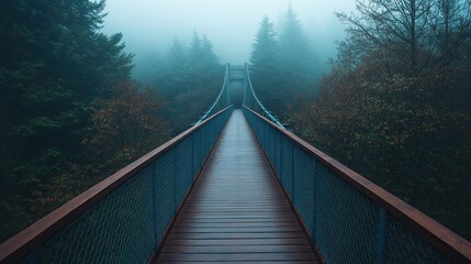 Fototapeta premium Misty suspension bridge through a forest