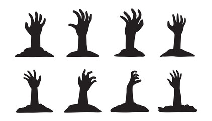 Scary human or zombie hand from the ground silhouette icon set. hand Halloween decorative element.