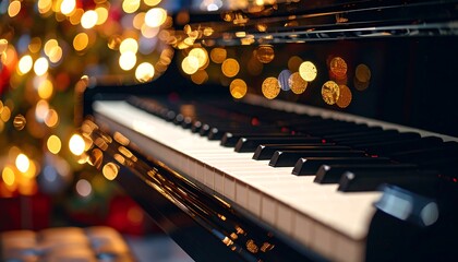 Piano keys in front of a Christmas tree
