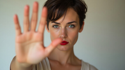 Fototapeta premium A woman confidently holding out her hand in a gesture of stop. The woman's focused gaze and hand gesture conveys a sense of strength and boundaries