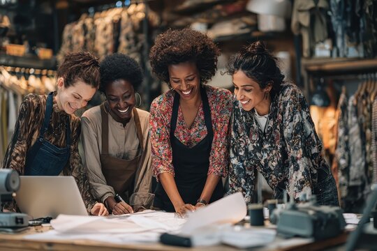 Team of women collaborating on fashion designs in a cozy small business studio during a creative brainstorming session