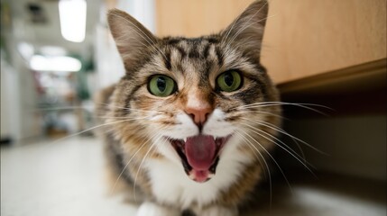 A playful cat is yawning widely, showcasing its teeth and vibrant green eyes. The setting is a cozy indoor space, bathed in soft light, creating a relaxed atmosphere.