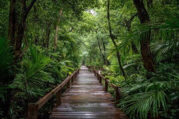 Fototapeta premium Exploring a wooden pathway through the lush tropical rainforest canopy on a rainy day