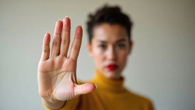 A woman raising her hand in a stop gesture. She is expressing a clear message of prohibition and setting a limit