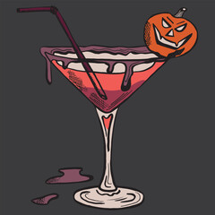 Vector creepy halloween cocktail with pumpkin on dark background.