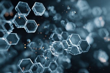 Futuristic abstract background showcases hexagonal structures representing technology and medical advancements in a dark, dynamic setting with subtle highlights